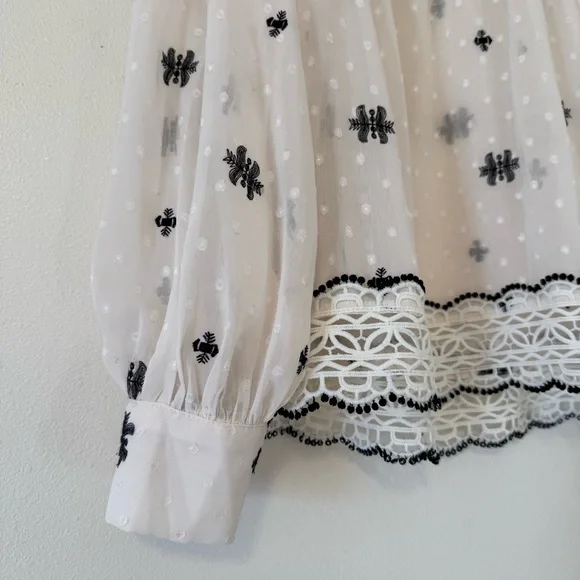 EUC Bohme Sheer Cream and Black Embroidered Long Sleeve Mock Neck Blouse - Picture 7 of 12